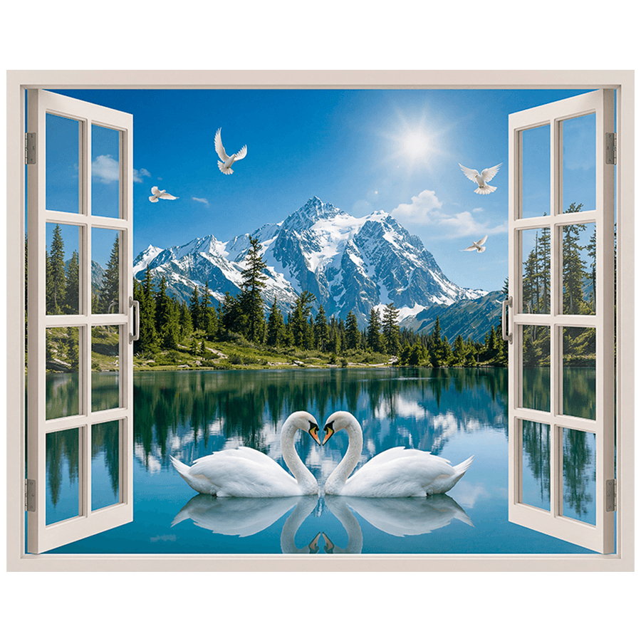 Wall Stickers: Alpine Lake Window with Swans
