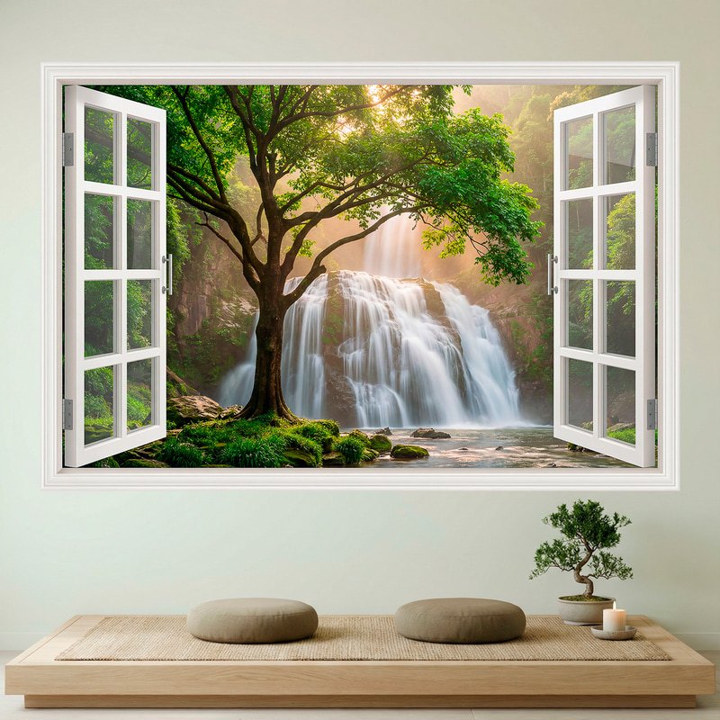 Wall Stickers: Forest Waterfall Bright View Window