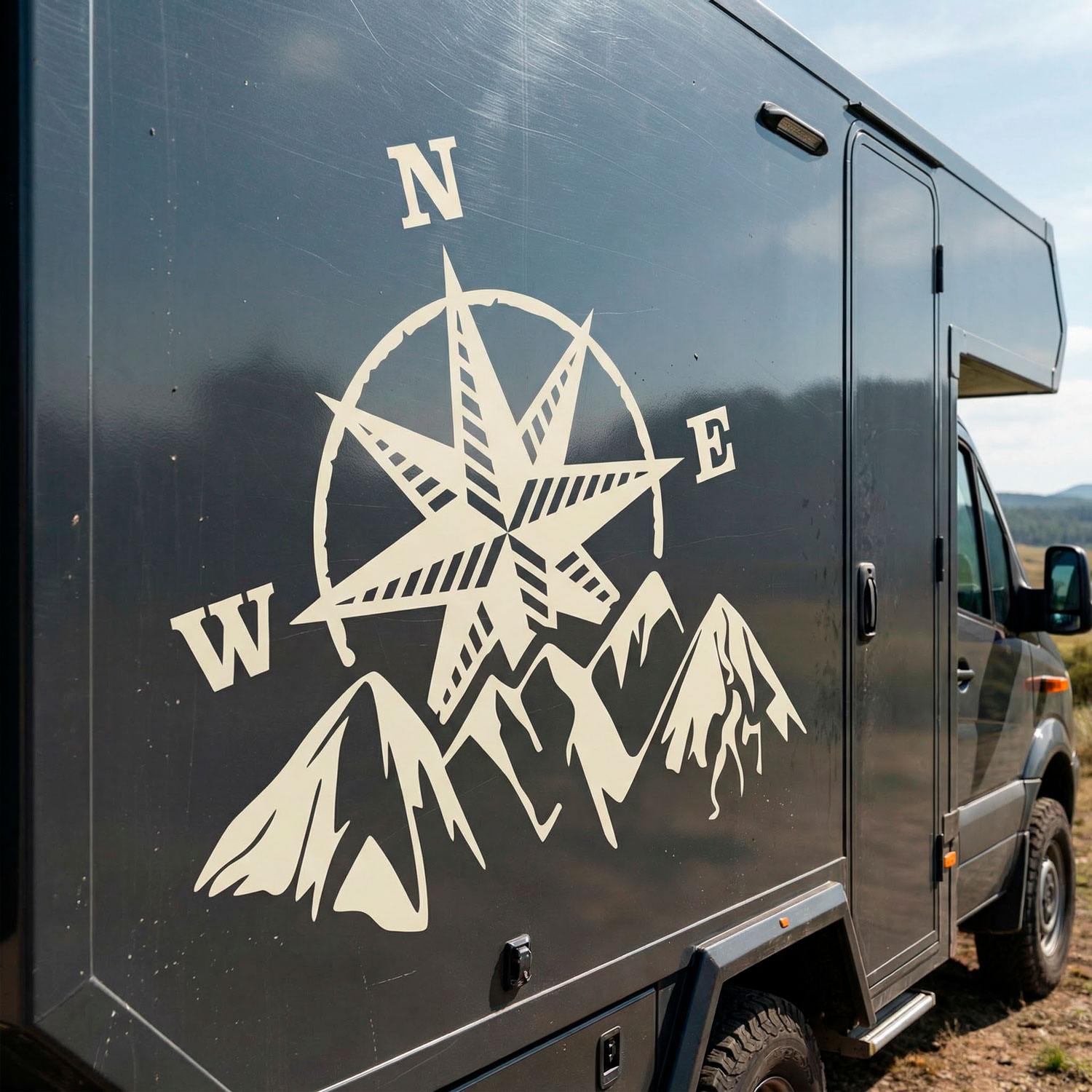Camper van decals: Compass rose at the mountain