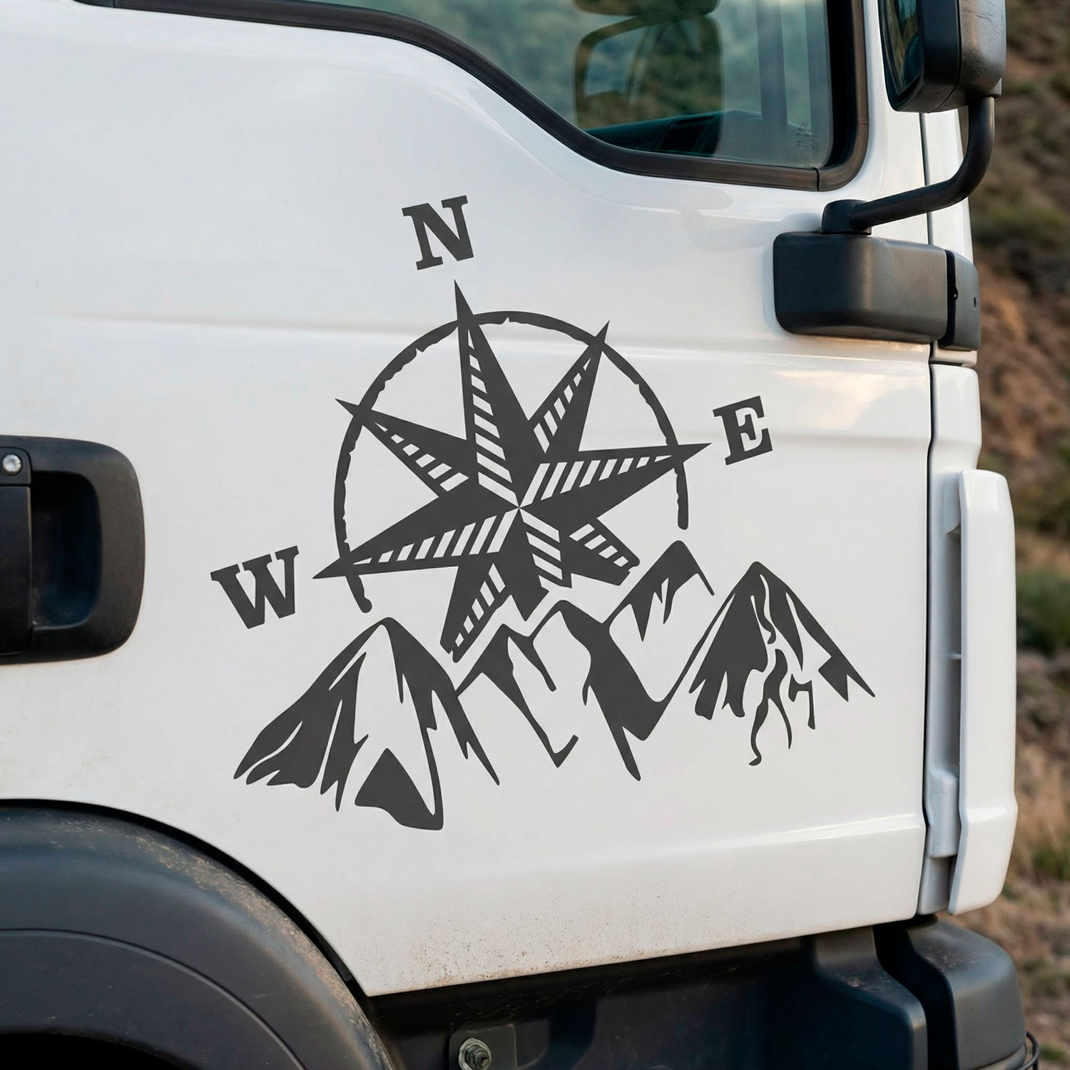 Camper van decals: Compass rose at the mountain