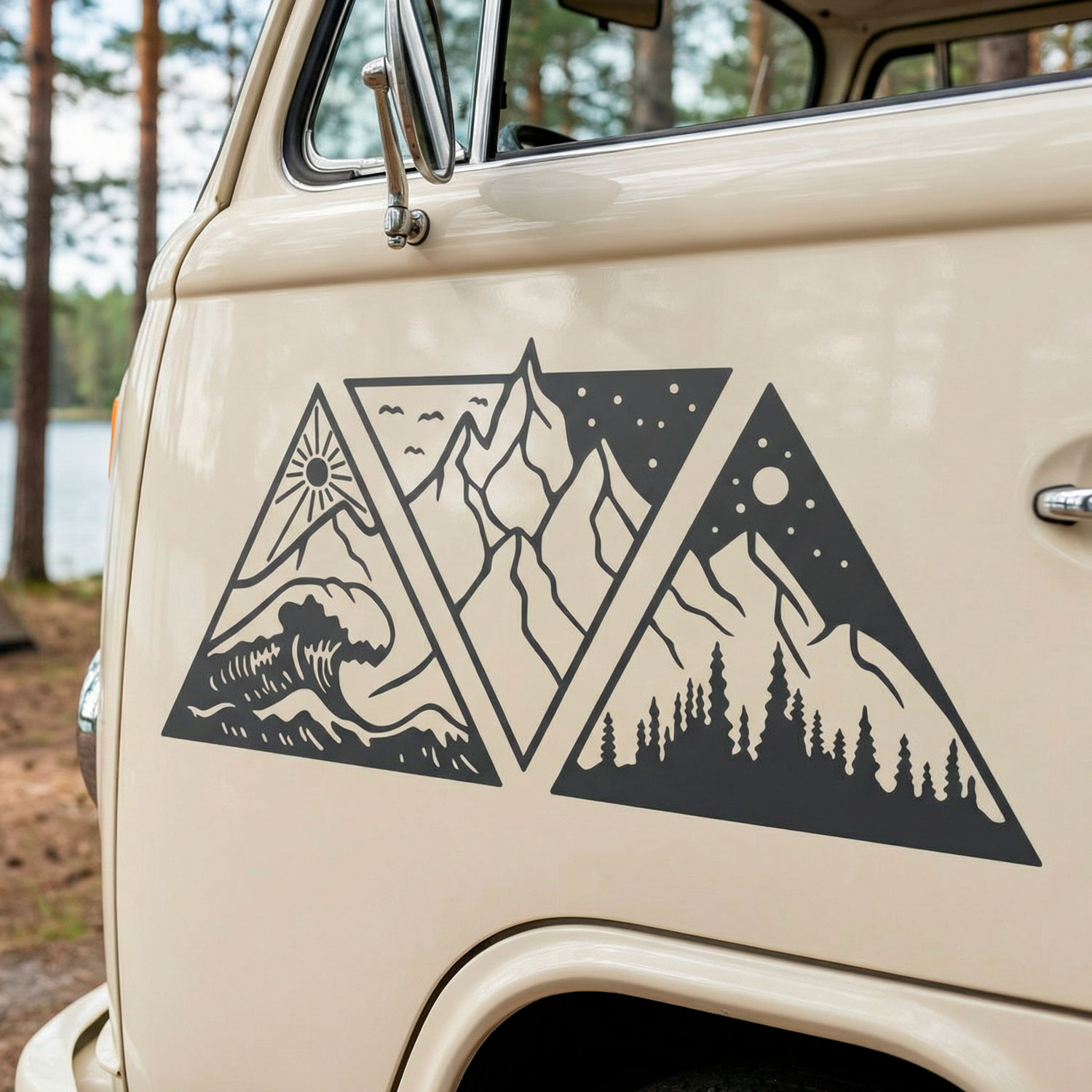 Camper van decals: Day, night, mountain, and beach