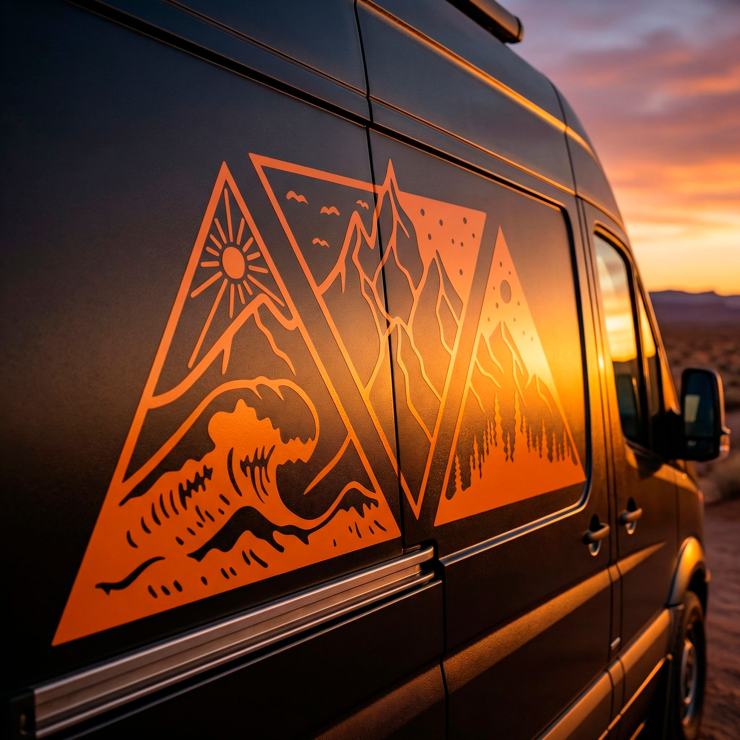 Camper van decals: Day, night, mountain, and beach