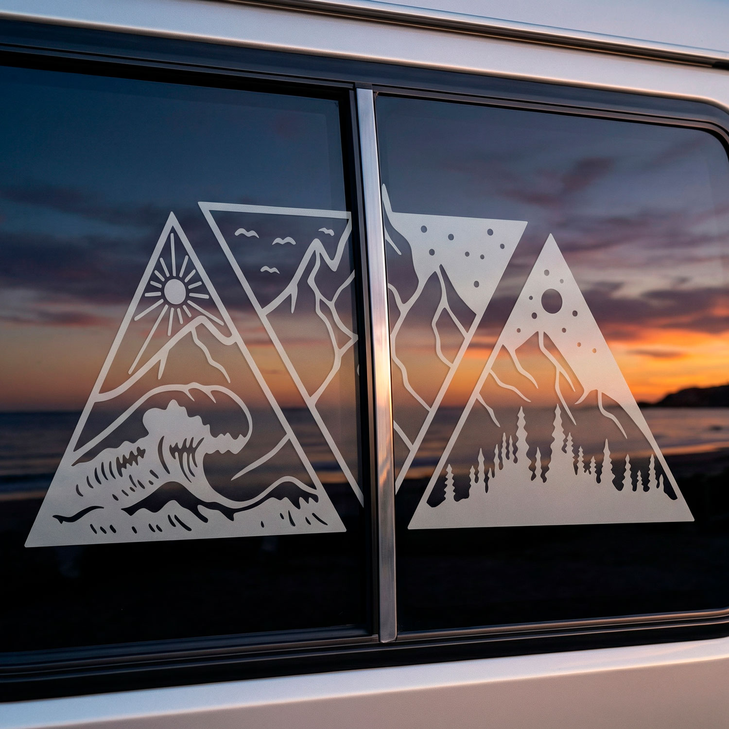 Camper van decals: Day, night, mountain, and beach