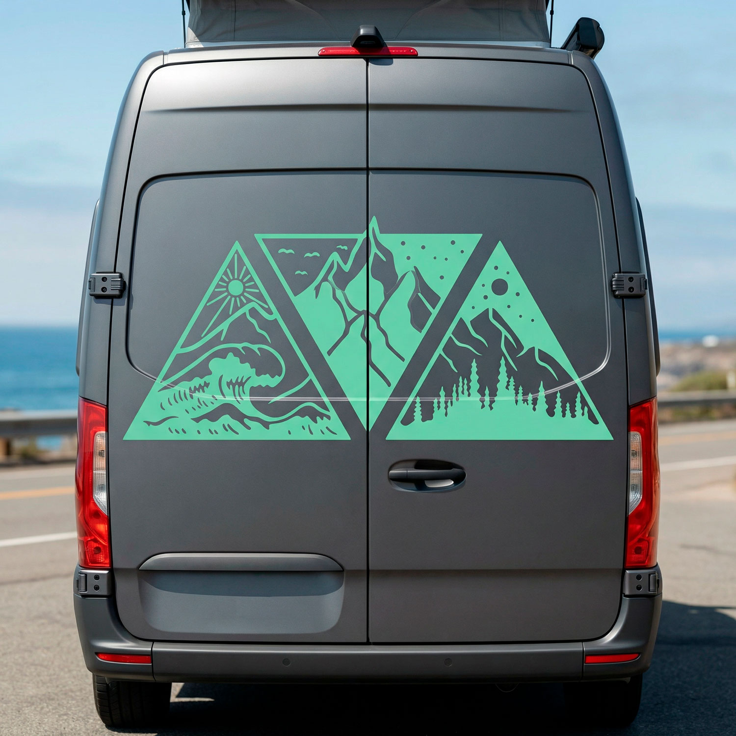 Camper van decals: Day, night, mountain, and beach