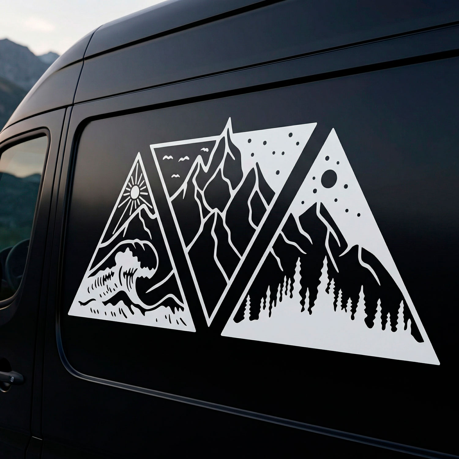 Camper van decals: Day, night, mountain, and beach