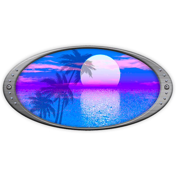Camper van decals: Elliptical frame moon and palm trees