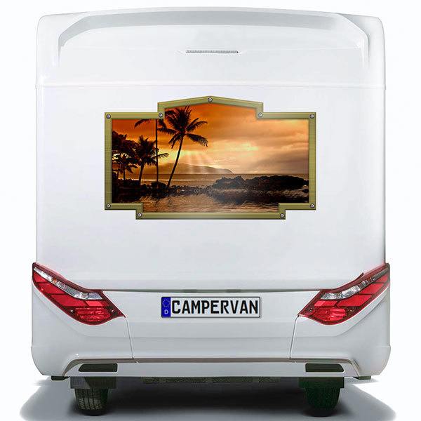 Camper van decals: Vintage frame sunset among palm trees