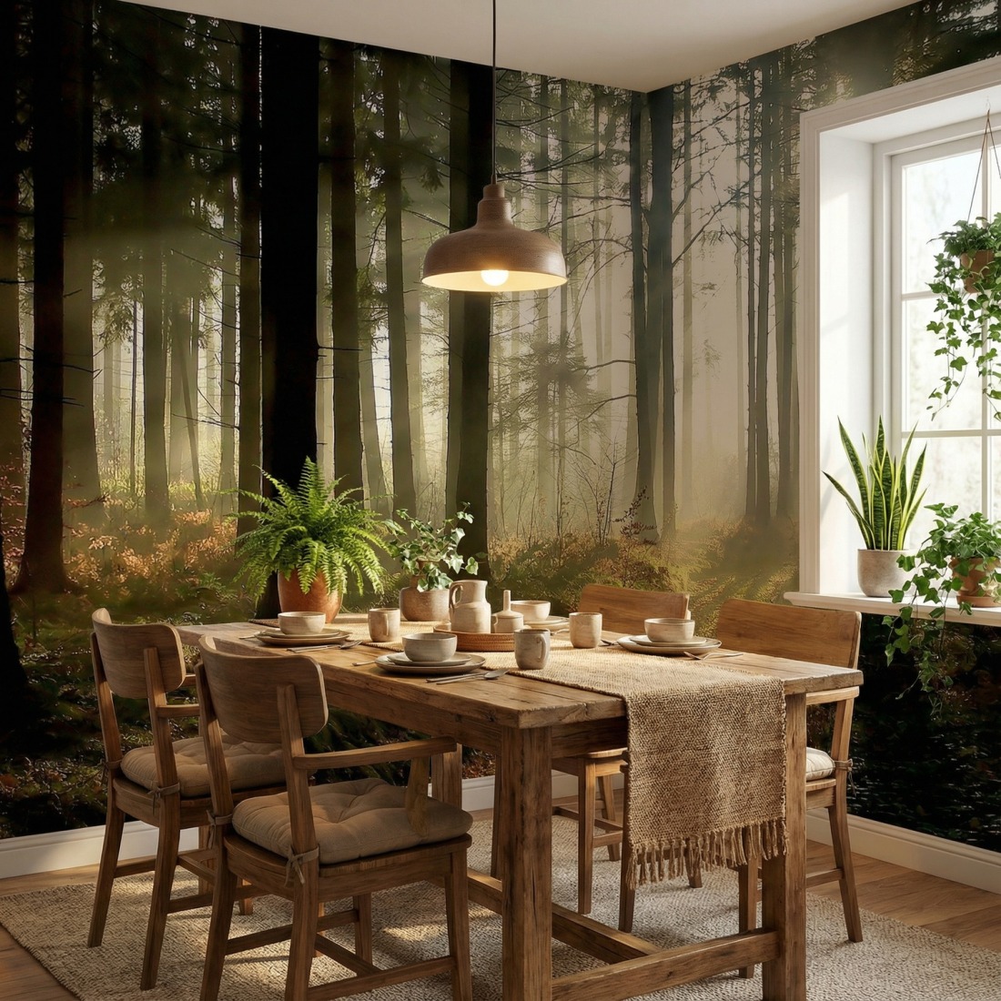 Forest wall mural in a dining room