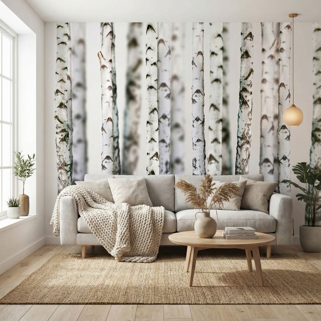 Birch trees wall mural in a living room