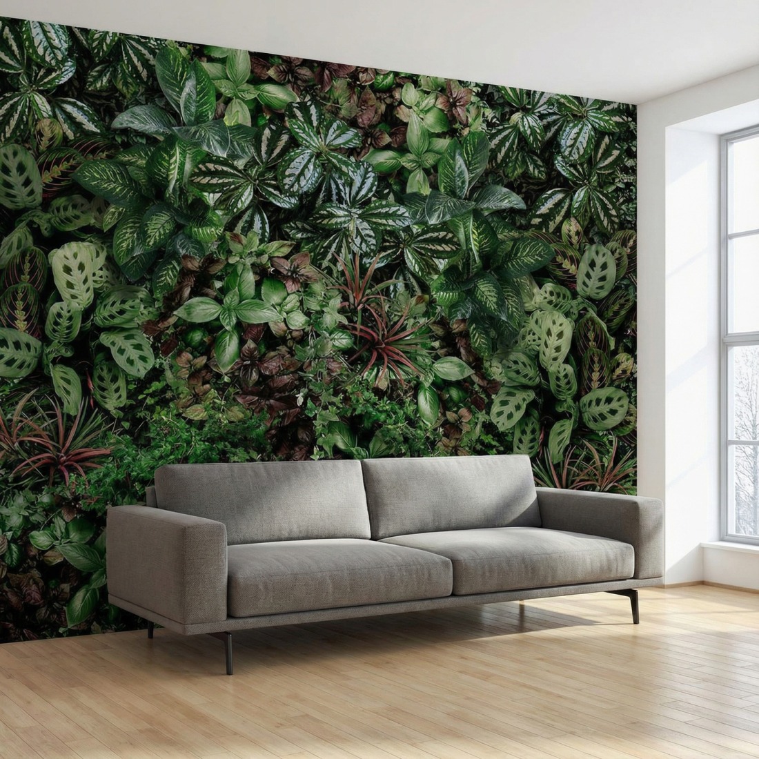 Green plant wall mural in a living room