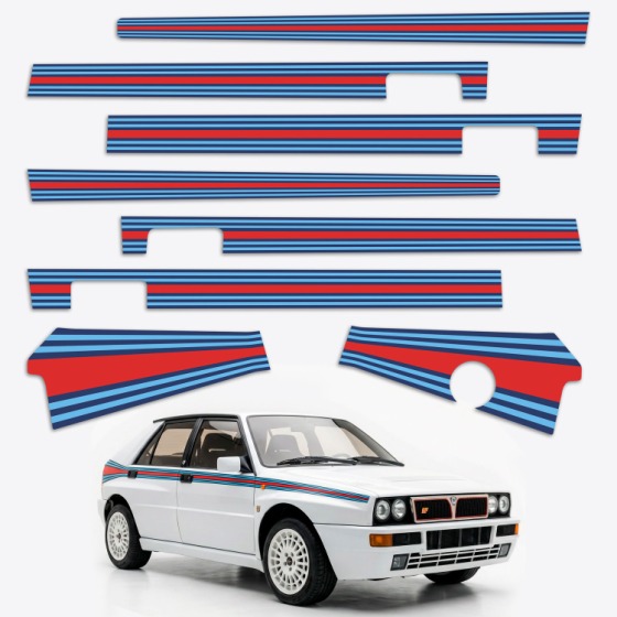 Rally sticker kit for a car: stripe set for a Lancia Delta, piece by piece